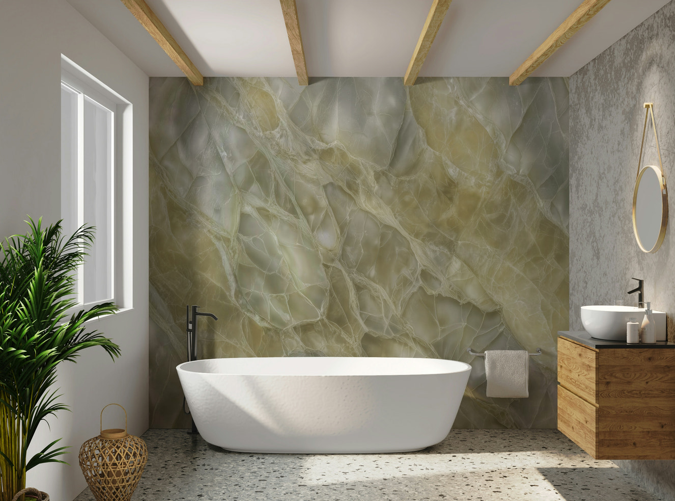 Wall mural with a luminous stone texture.


