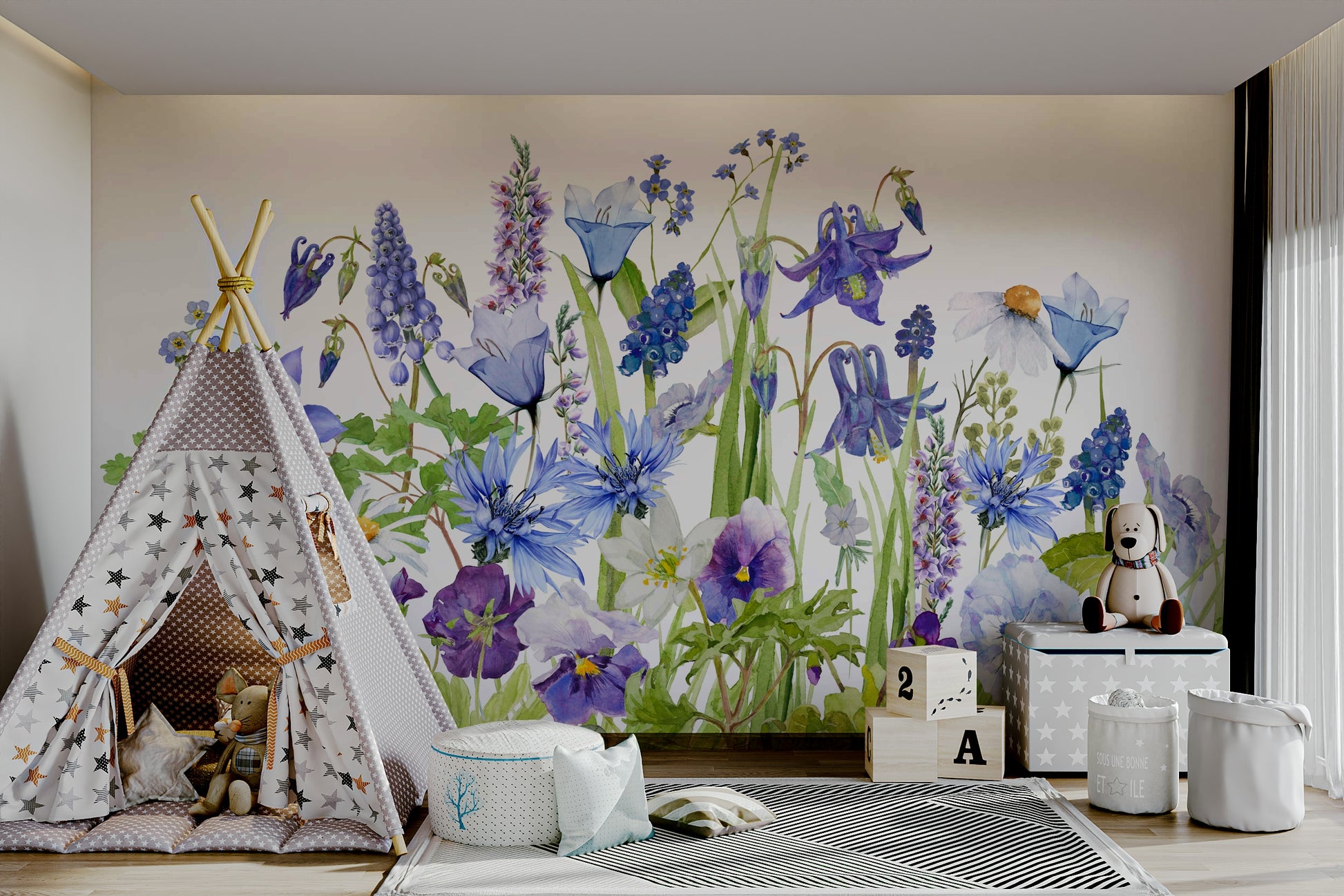 A close-up of the delicate wildflowers and blue colors.

