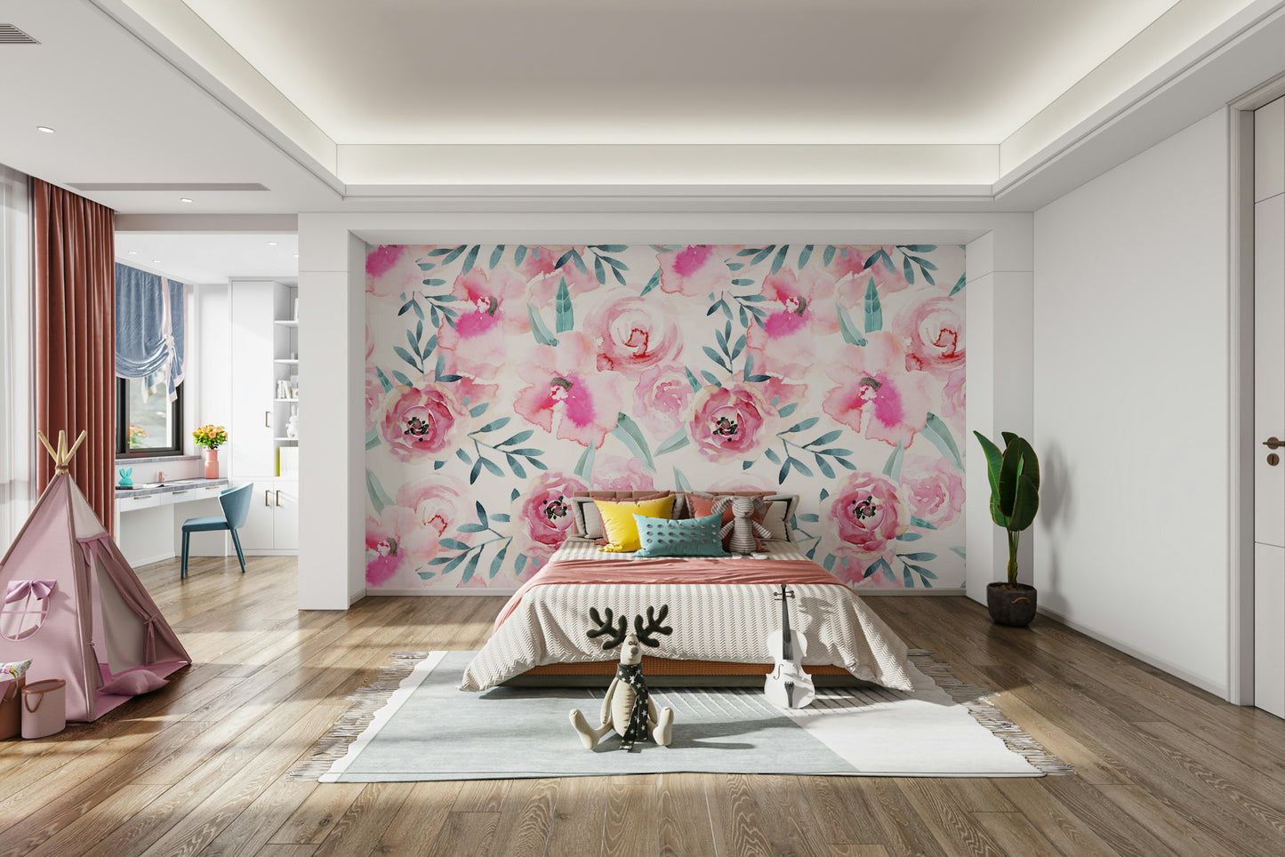 The wall art combines a botanical pattern with soft colors.

