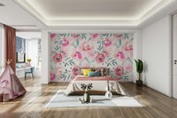 The wall art combines a botanical pattern with soft colors.

