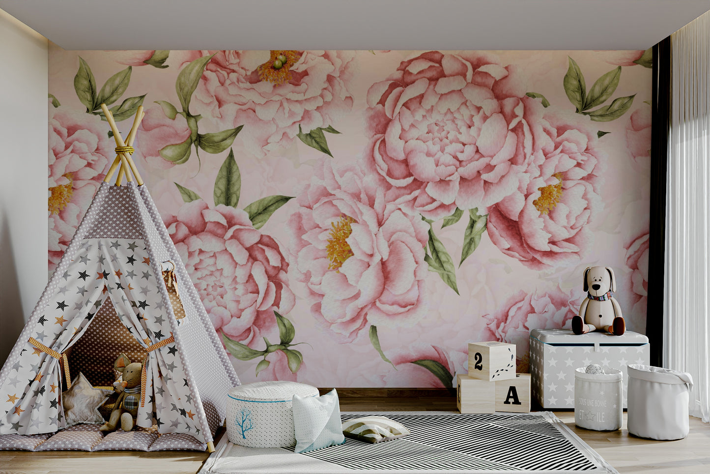 Wall mural with a peony blush blooms garden pattern.

