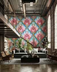 The wallpaper shows a clean, geometric floral design.

