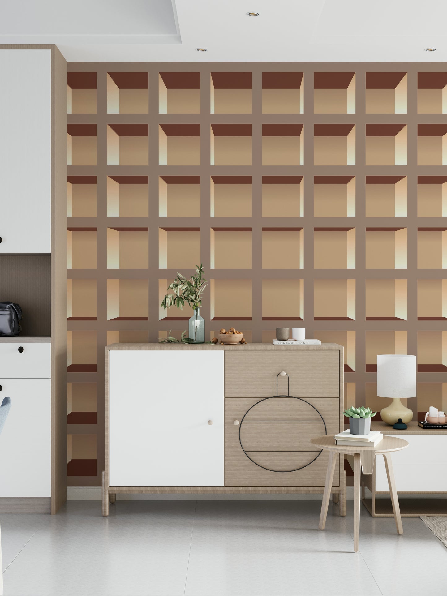 Trompe l'Oeil Neutrals Bookcase  Wall Mural