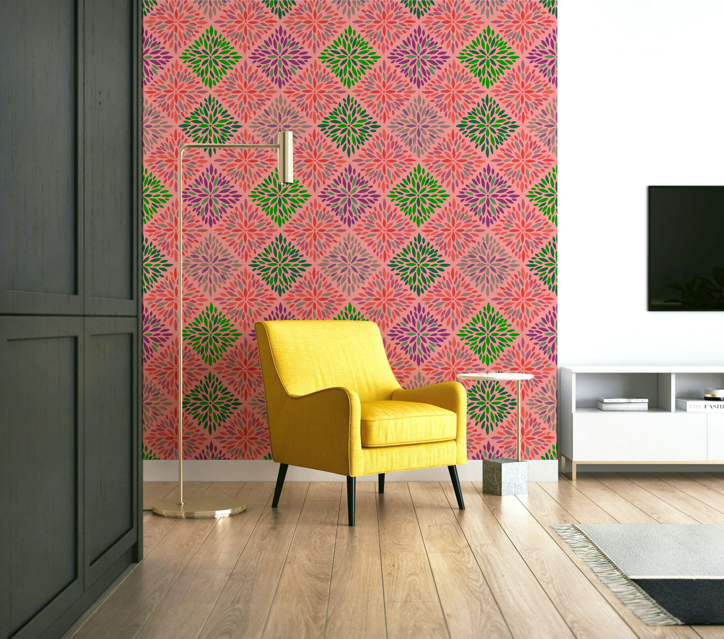 The wallpaper shows a bohemian floral design.

