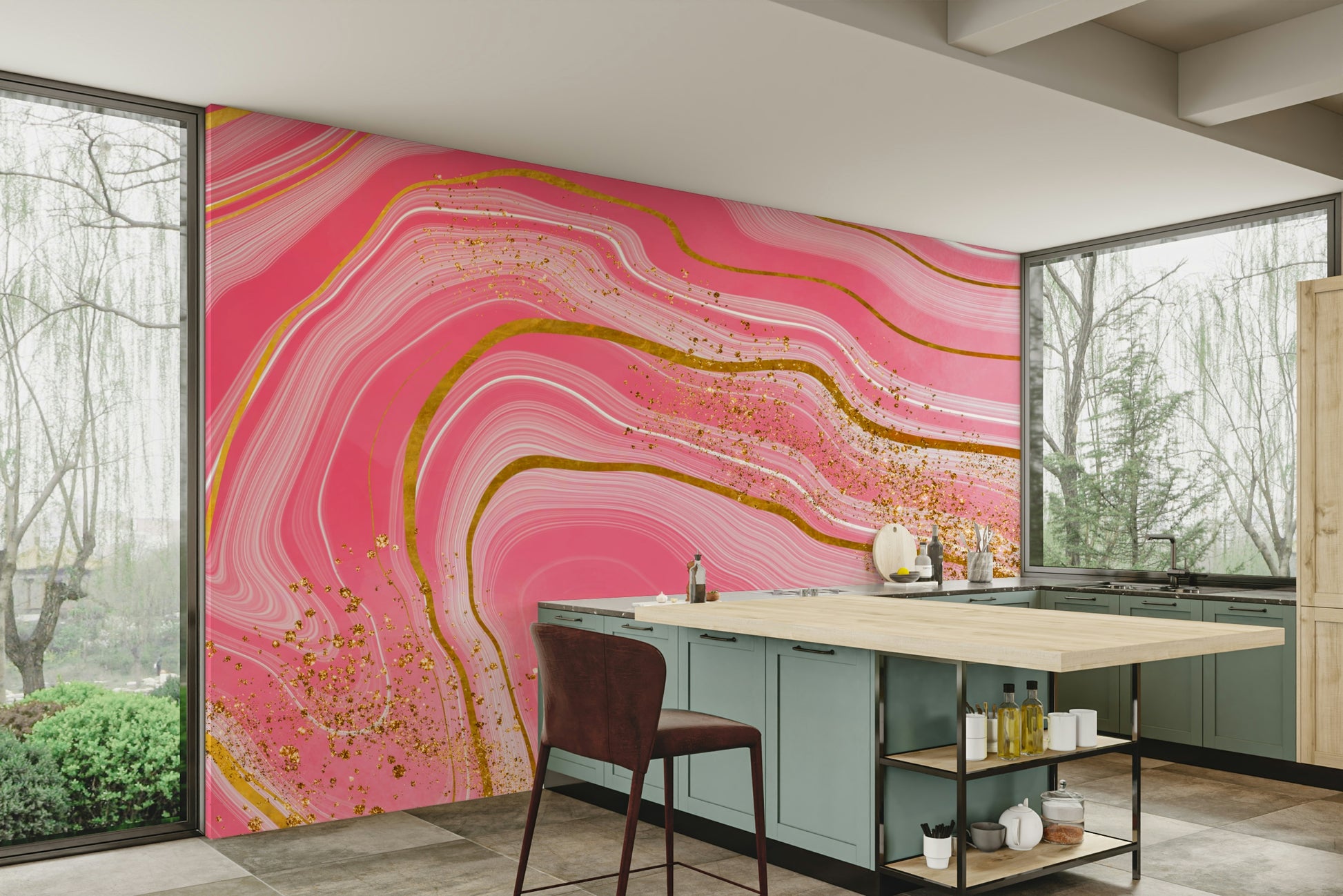 The mural shows a beautiful, abstract flowing design.

