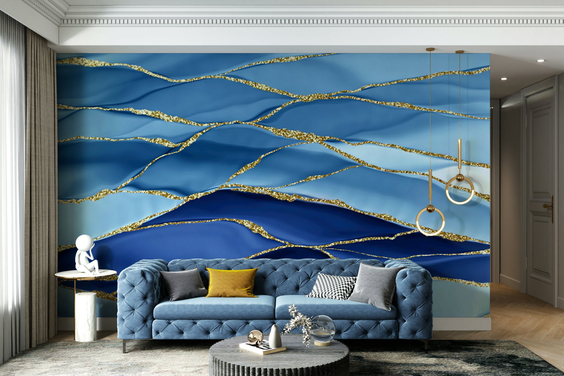 The wall art combines a flowing pattern with metallic accents.

