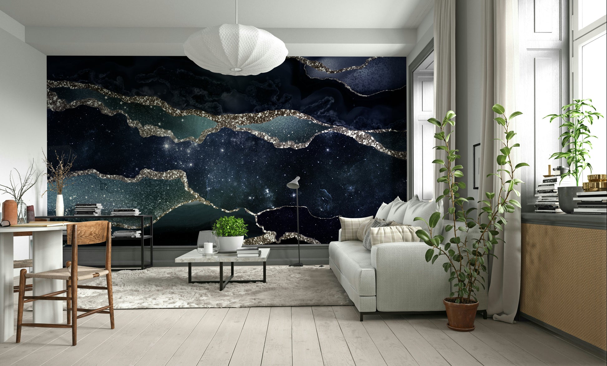 The mural shows a beautiful, abstract cosmic design.

