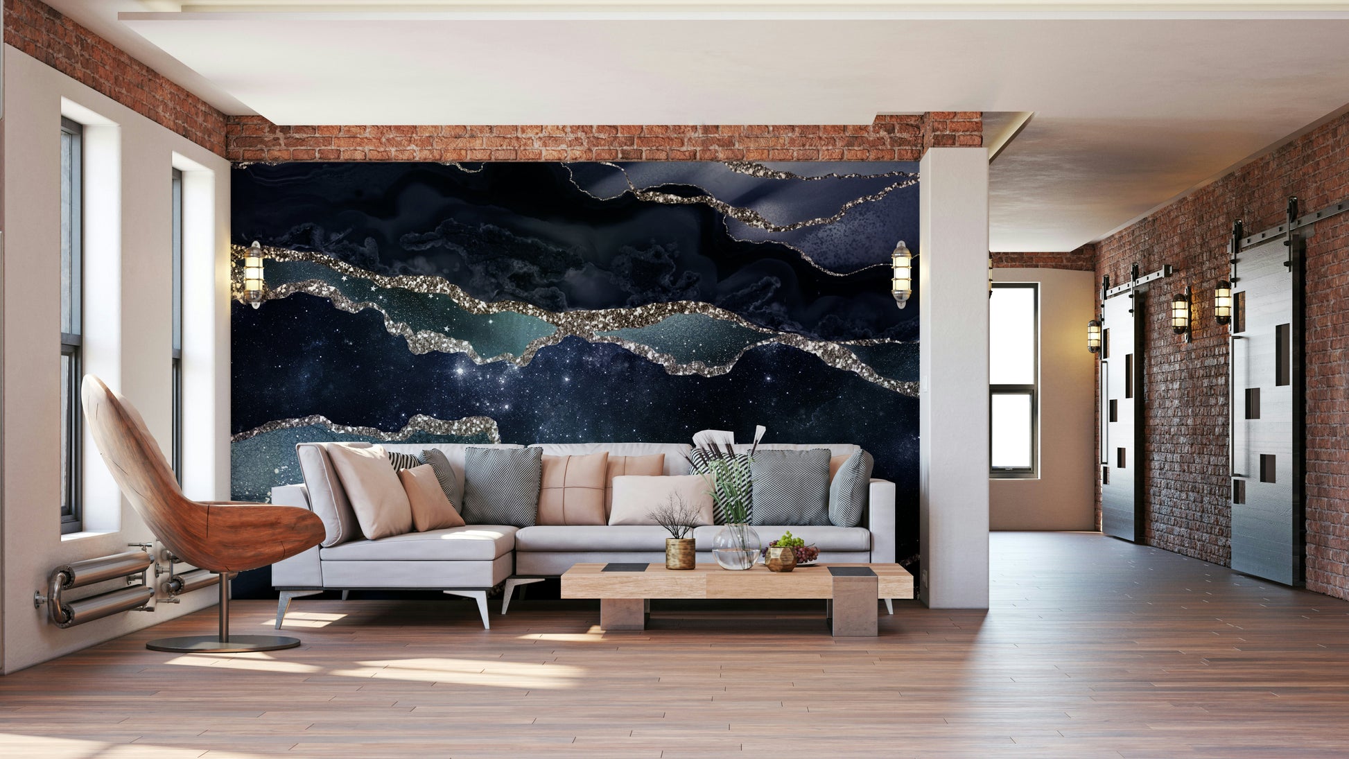 The wall art combines a flowing pattern with shimmering accents.

