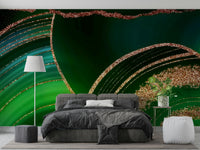 Wall mural with a gilded geodes pattern.

