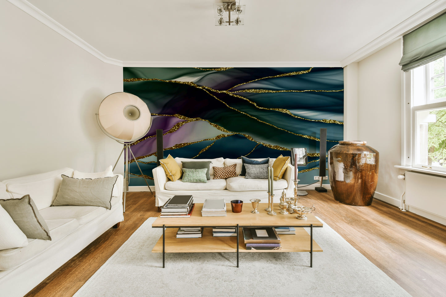 Wall mural with a gilded river pattern.

