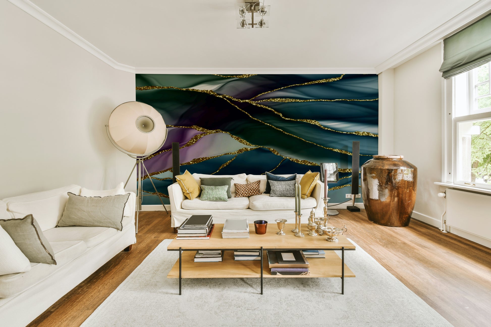 Wall mural with a gilded river pattern.

