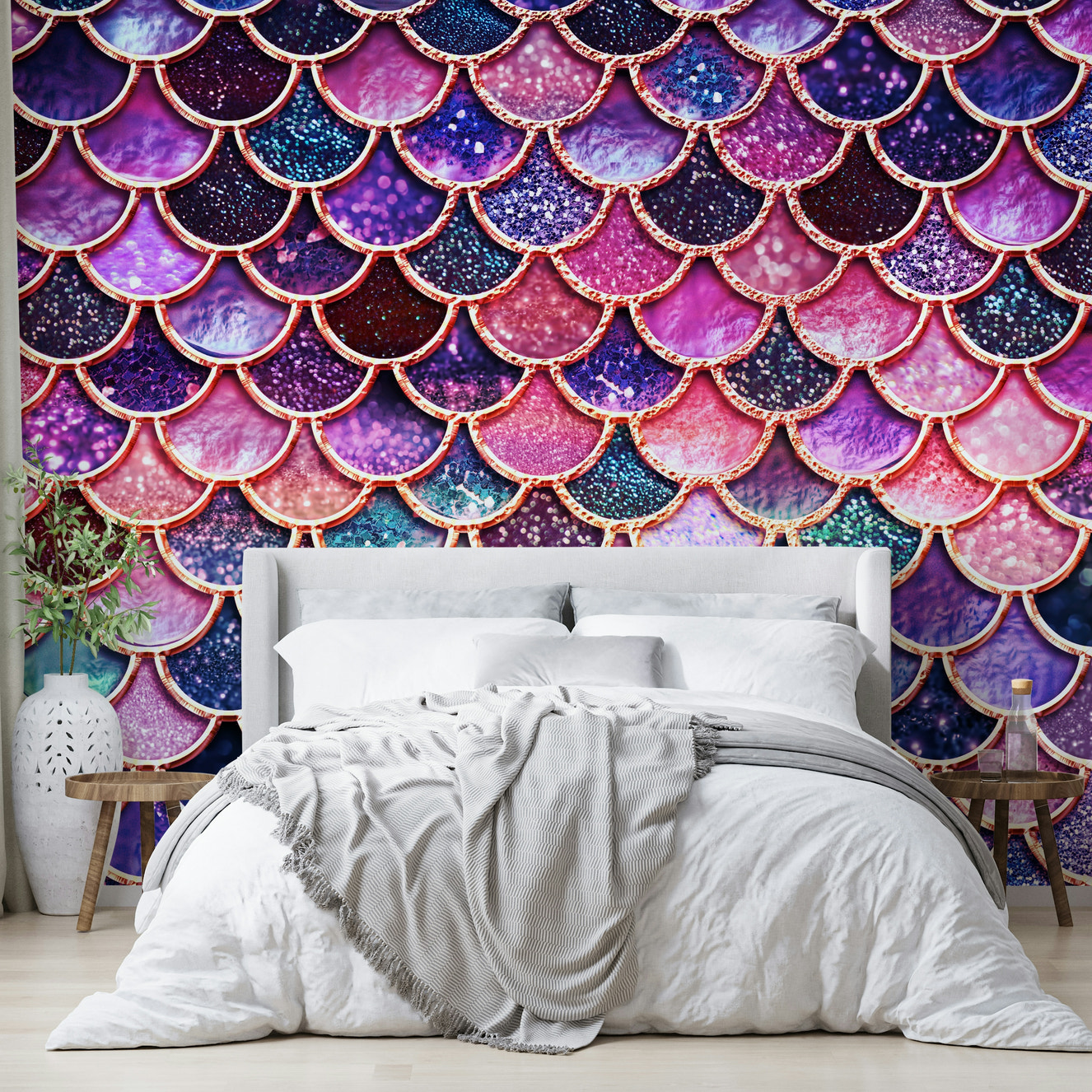 Wall mural with enchanted pink mermaid scales.


