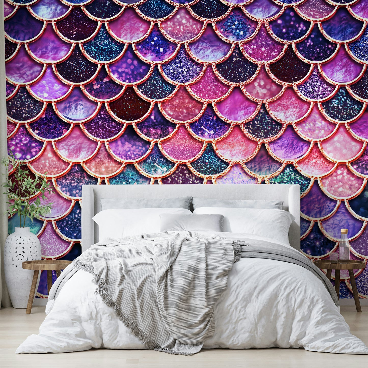 Wall mural with enchanted pink mermaid scales.

