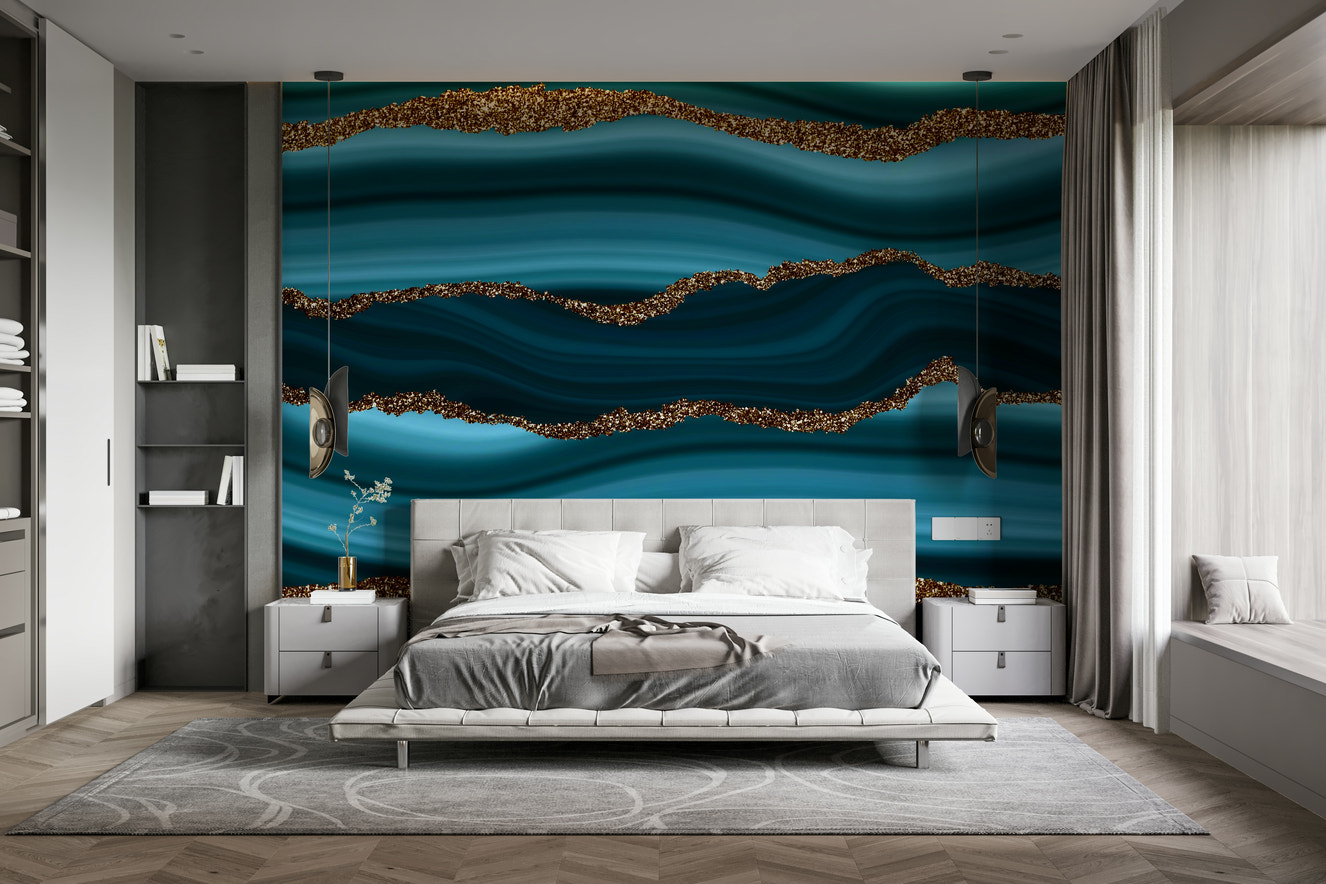 Wall mural with a teal and gold river pattern.

