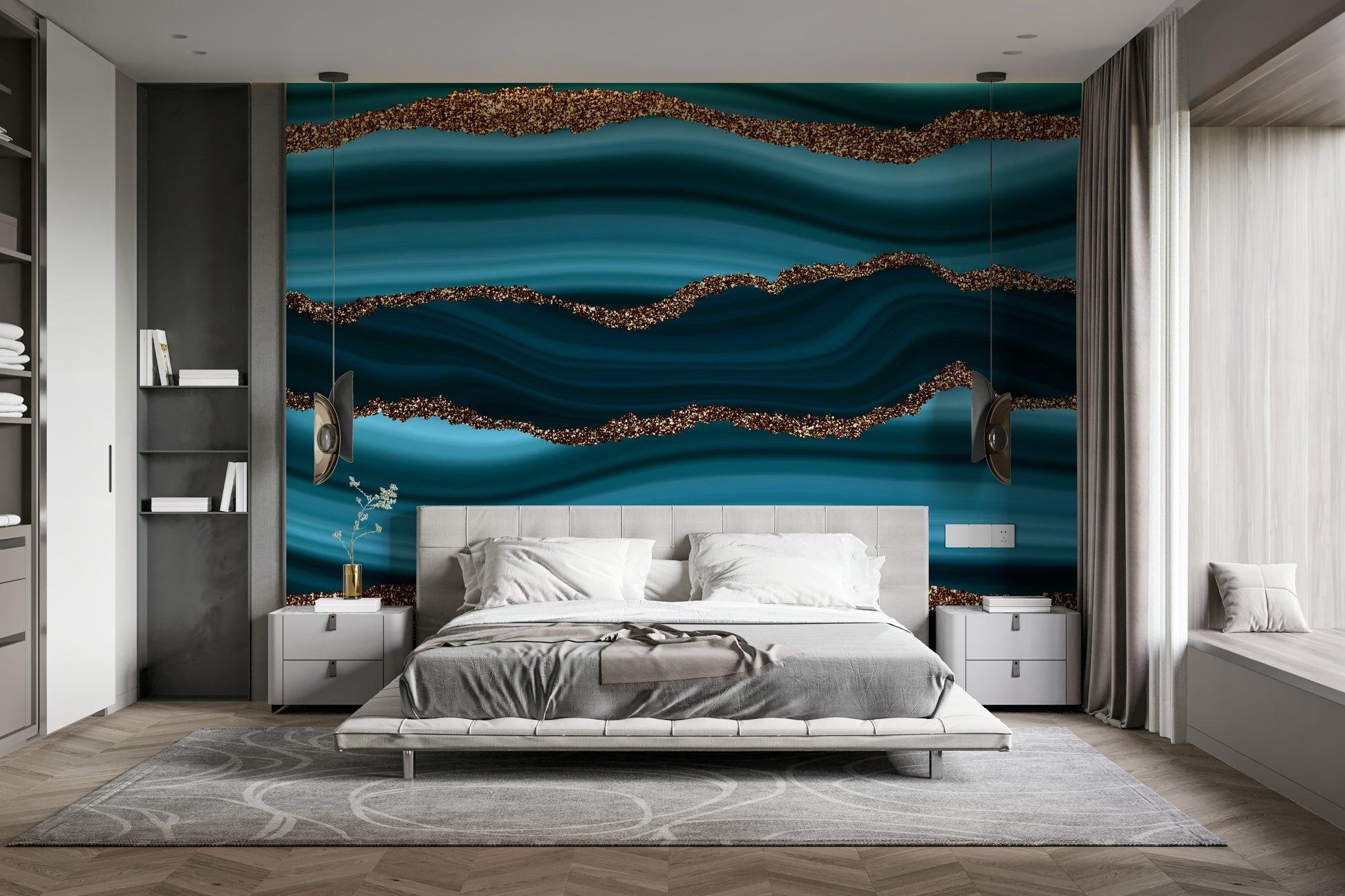 Wall mural with a teal and gold river pattern.


