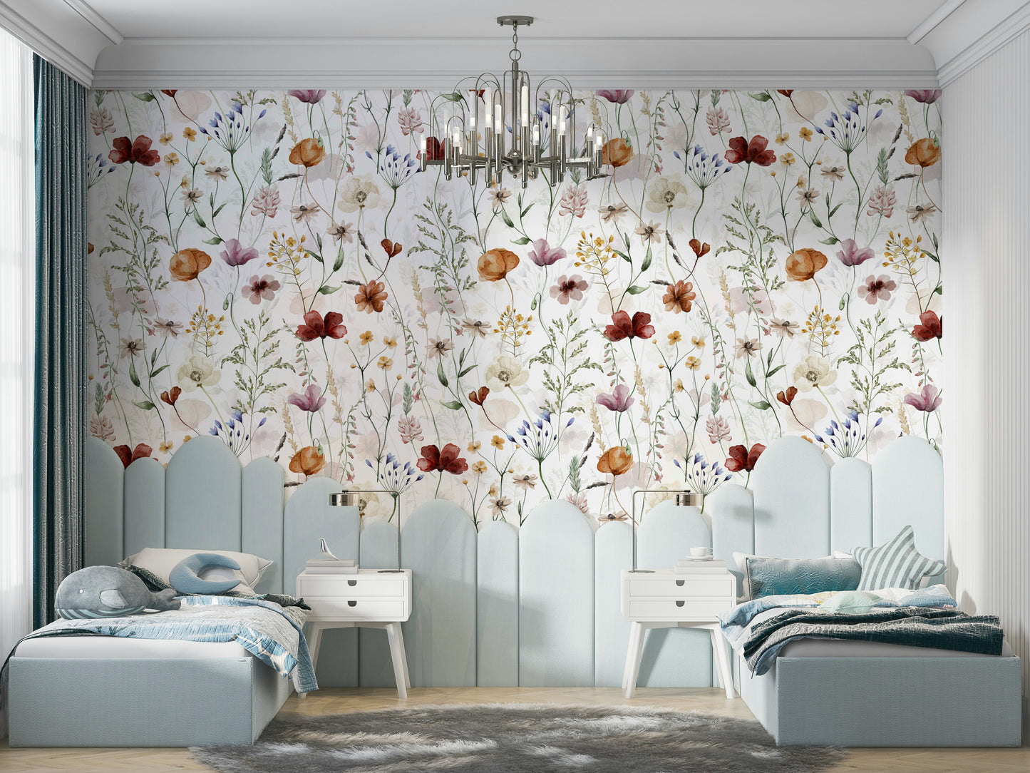 Wall mural with a watercolor wildflower meadow.

