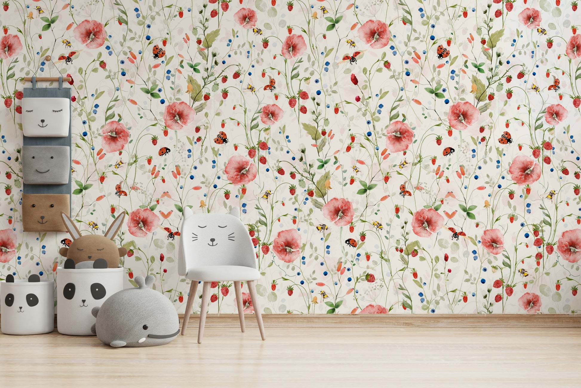 A wall covering with a whimsical and peaceful style.

