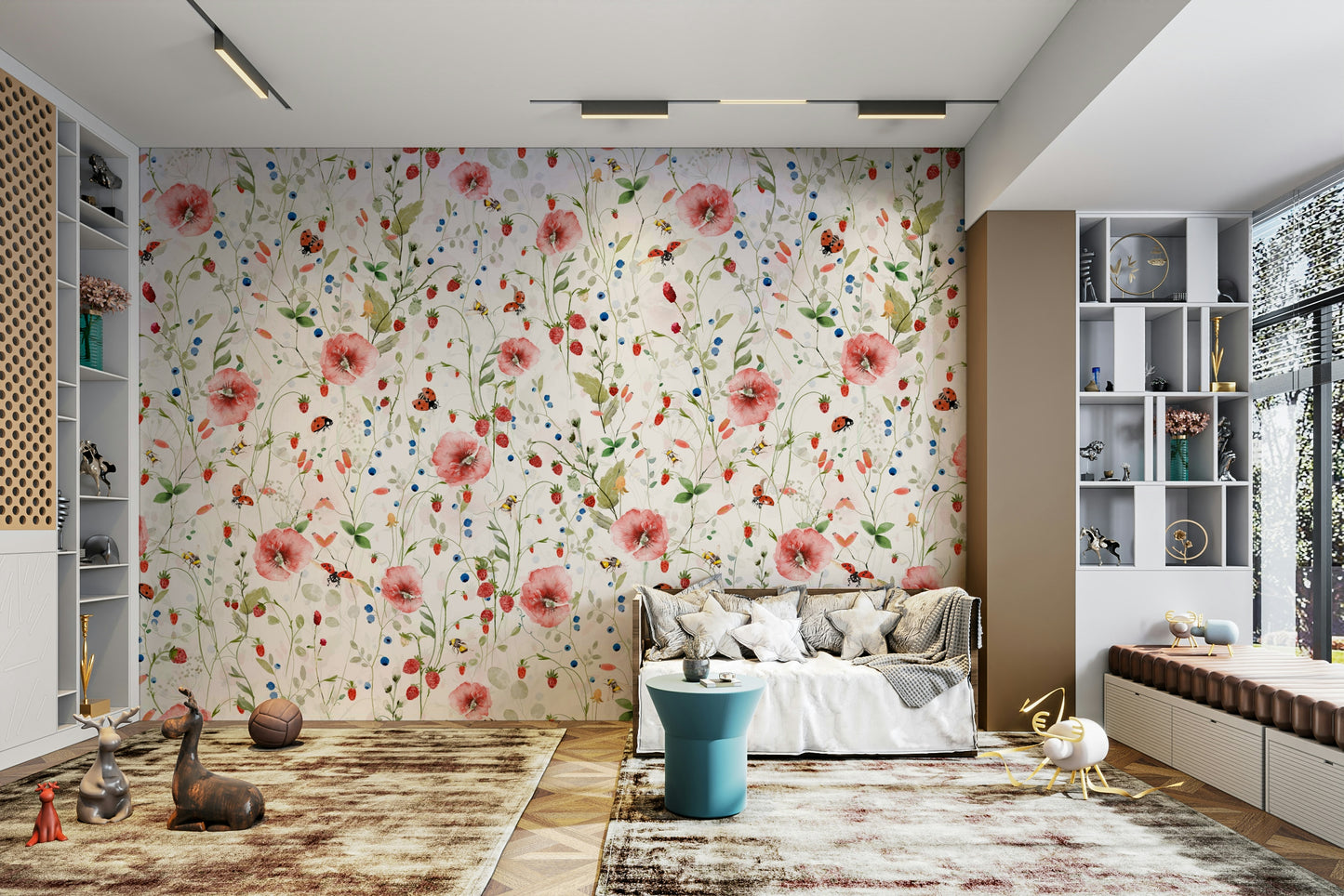 Wall mural with a watercolor wild berry pattern.

