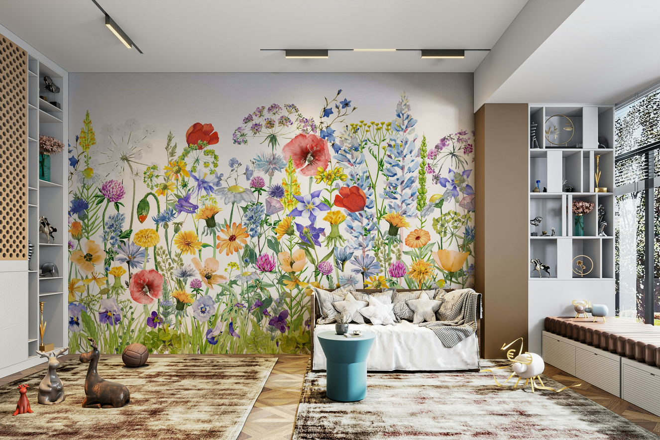 Wall mural with a watercolor wildflower meadow.

