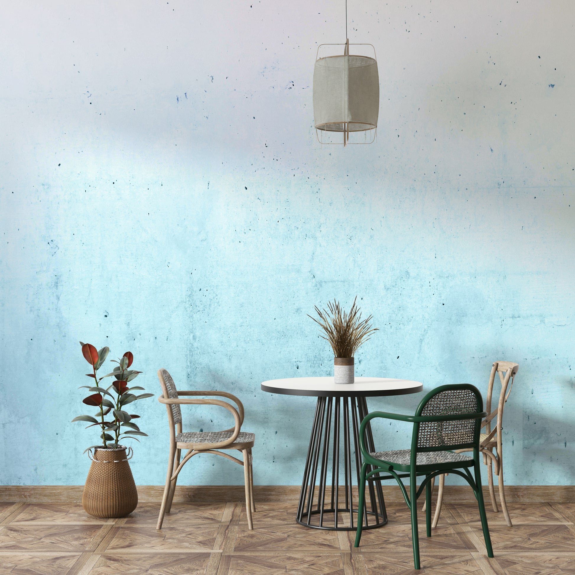 Wall mural with a teal ombre on a concrete texture.

