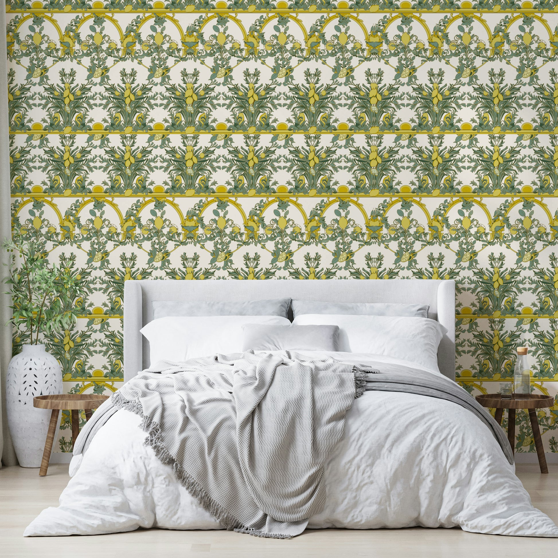 A wall covering with a detailed botanical motif.

