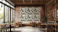 A wall covering with a scenic, country theme.

