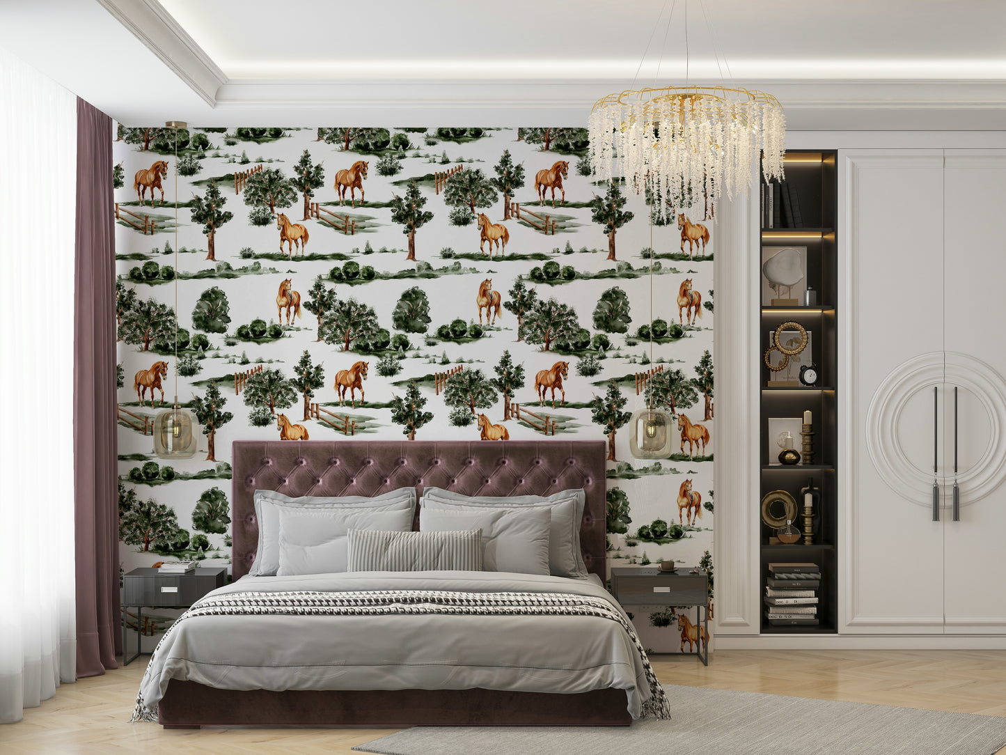 Horses grazing among trees and fences.

