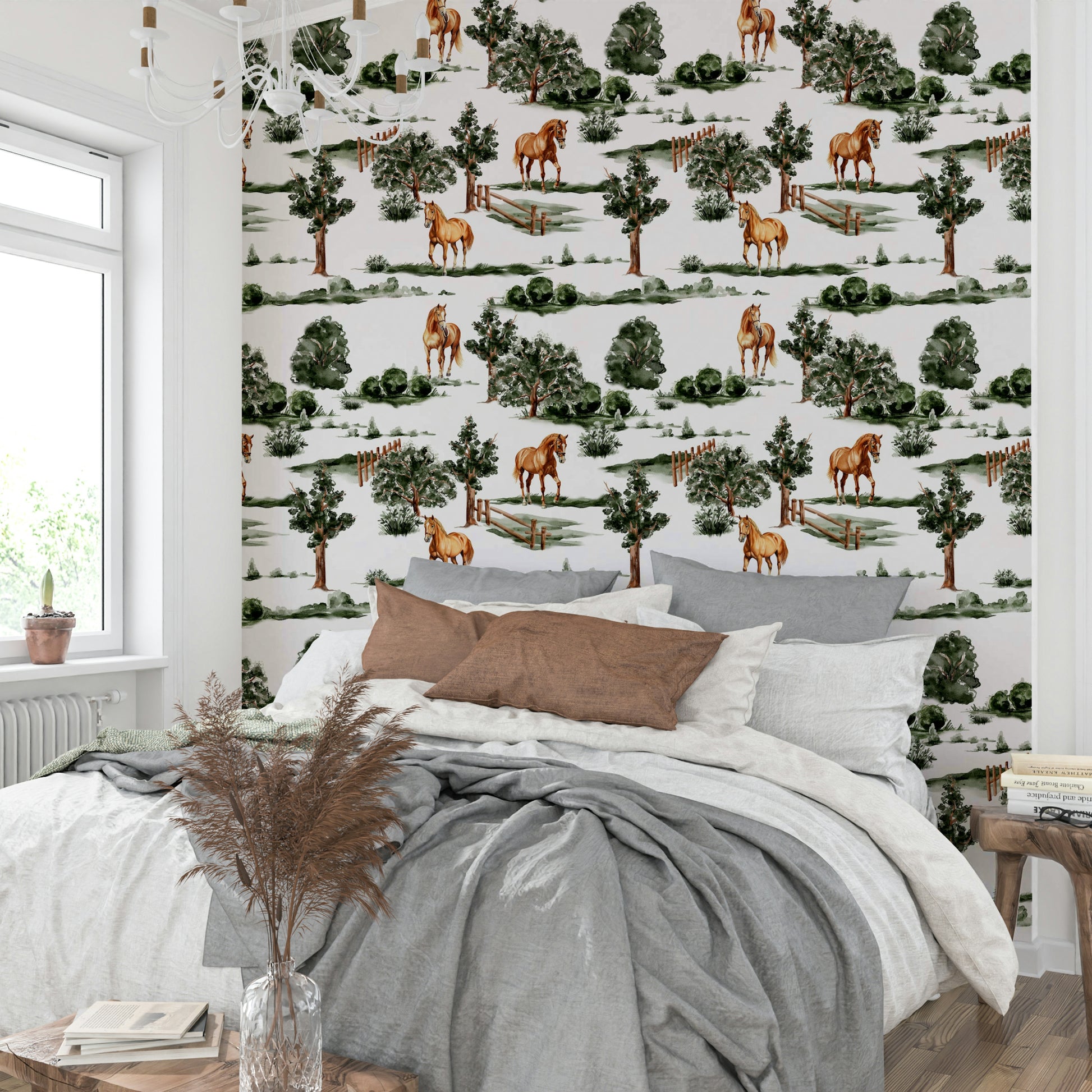 The wallpaper shows a peaceful countryside scene.

