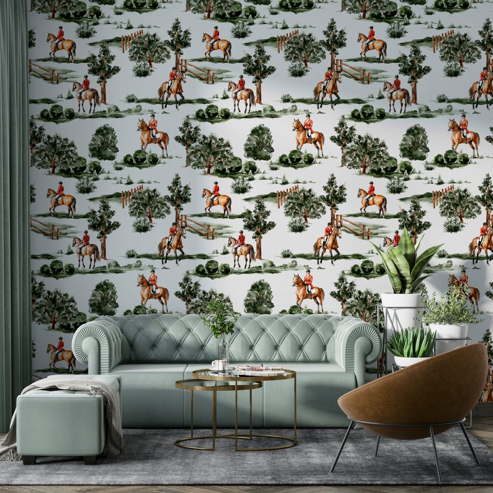 A seamless pattern of a countryside hunting scene.

