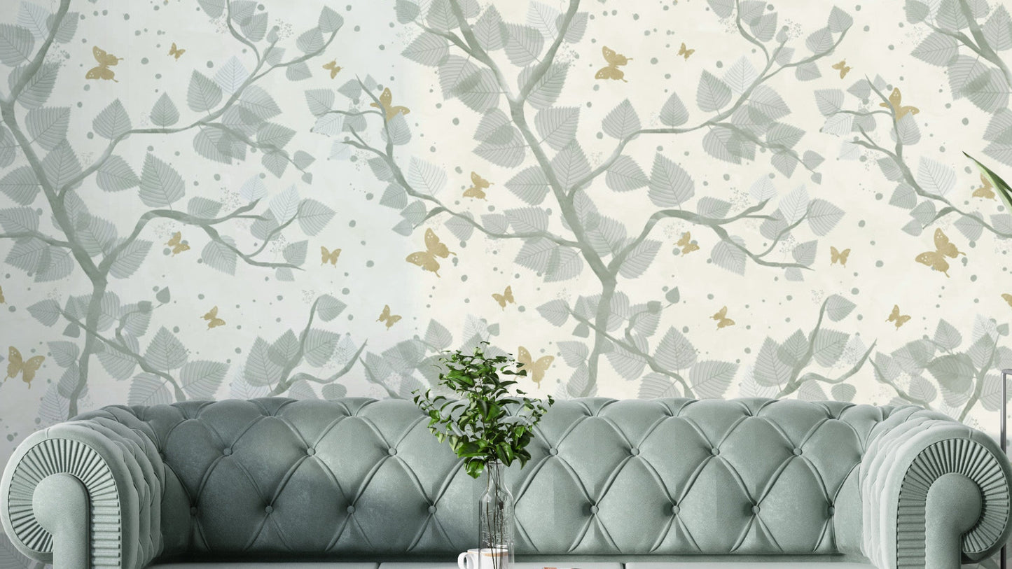 Wallpaper pattern with baby blue and gray tree branches.

