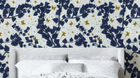 gold and deep blue butterflies tree wallpaper

