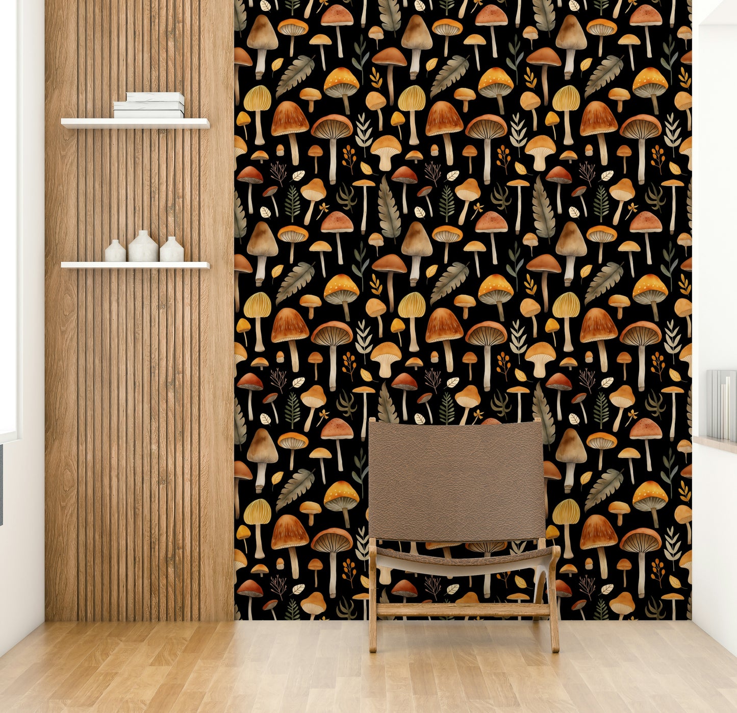 A wallpaper with a whimsical watercolor pattern of mushrooms and foliage.

