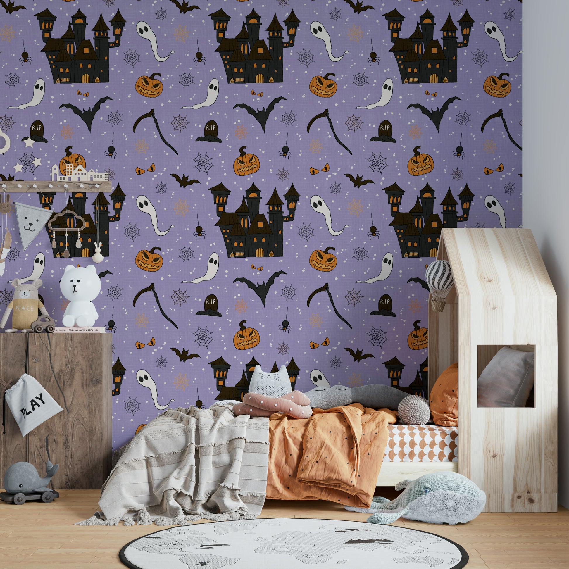 Phantom Castle Foggy Lavender mysterious wall mural.
