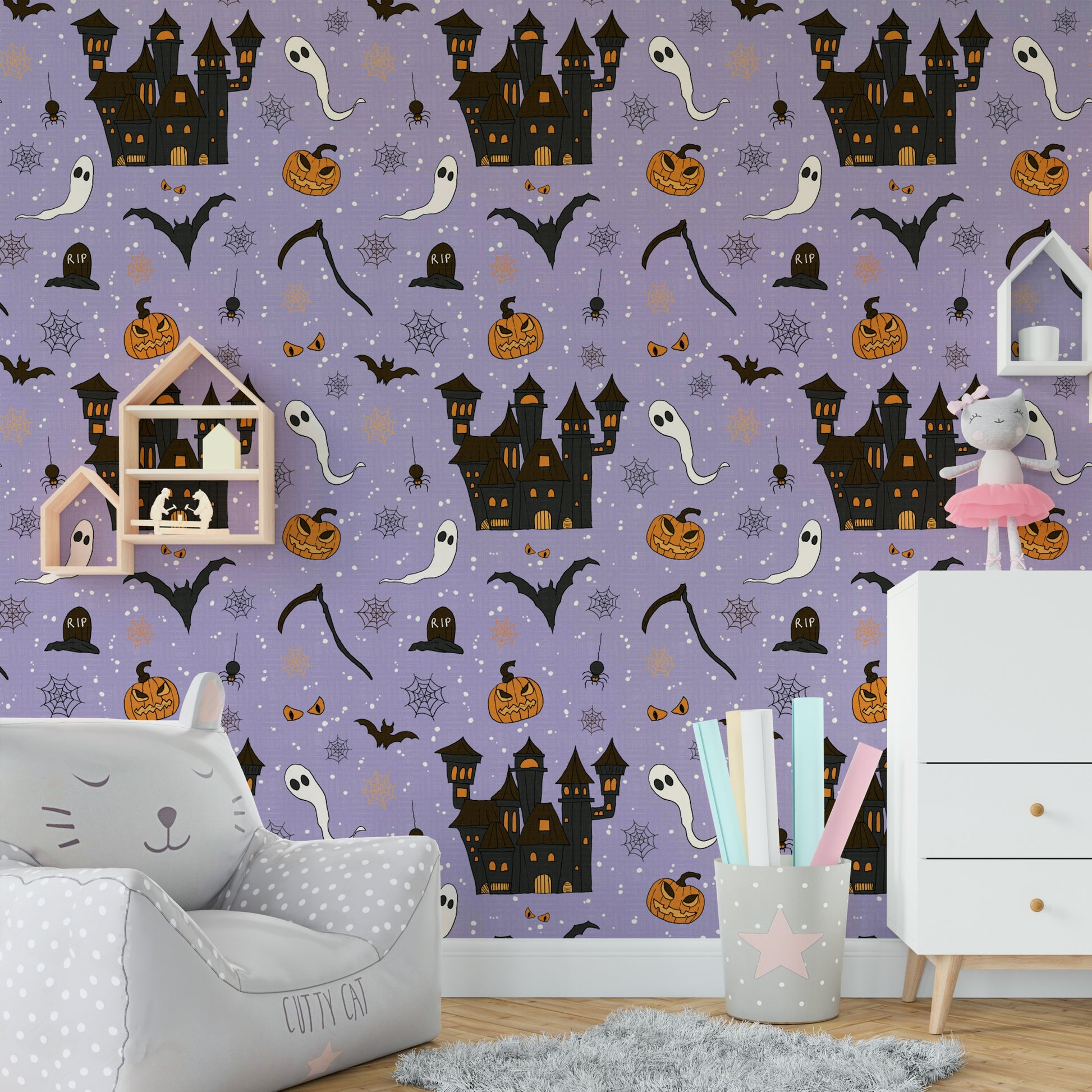Phantom Castle Foggy Lavender ghostly wallpaper.

