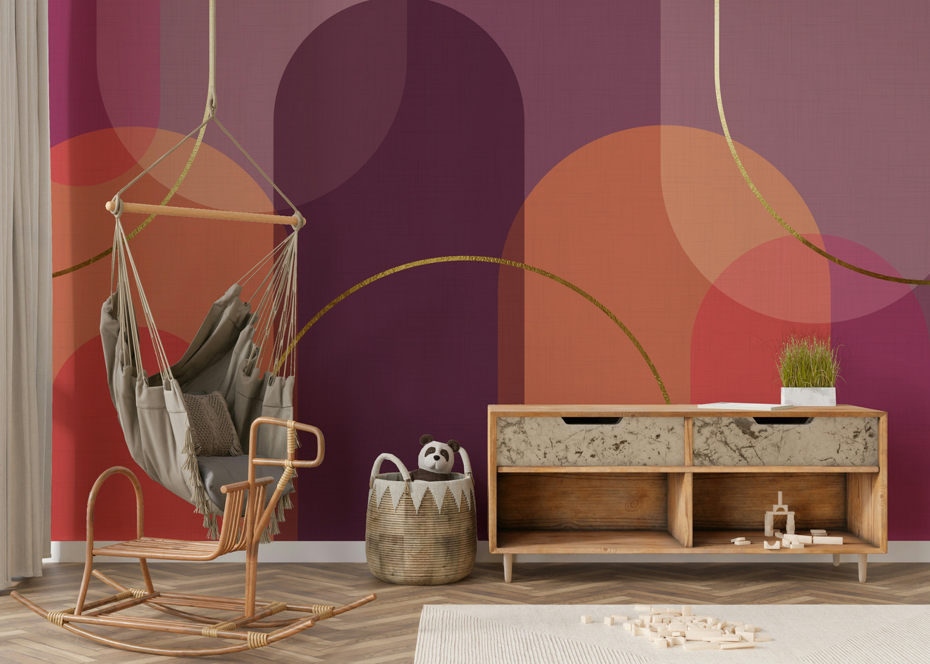 A wall mural with a wavy, flowing pattern of wiggly lines.
