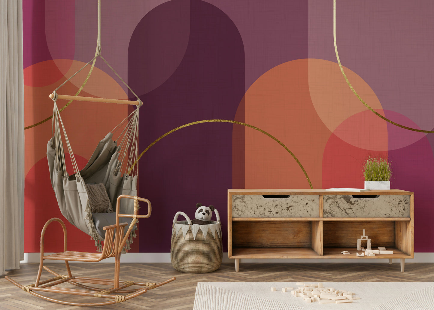 A wall mural with a wavy, flowing pattern of wiggly lines.
