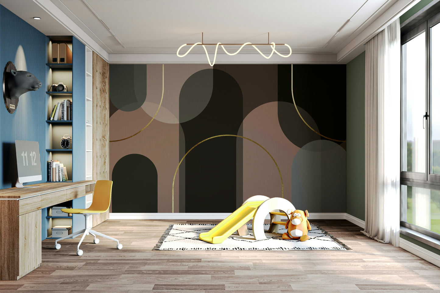 A wall mural with a pattern of large, flowing curves.
