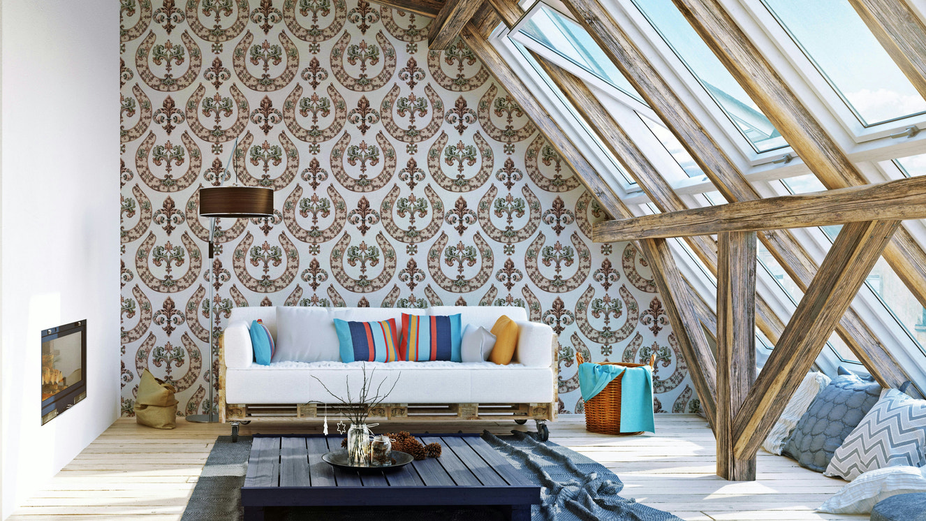 A wallpaper with a repeating vintage pattern.
