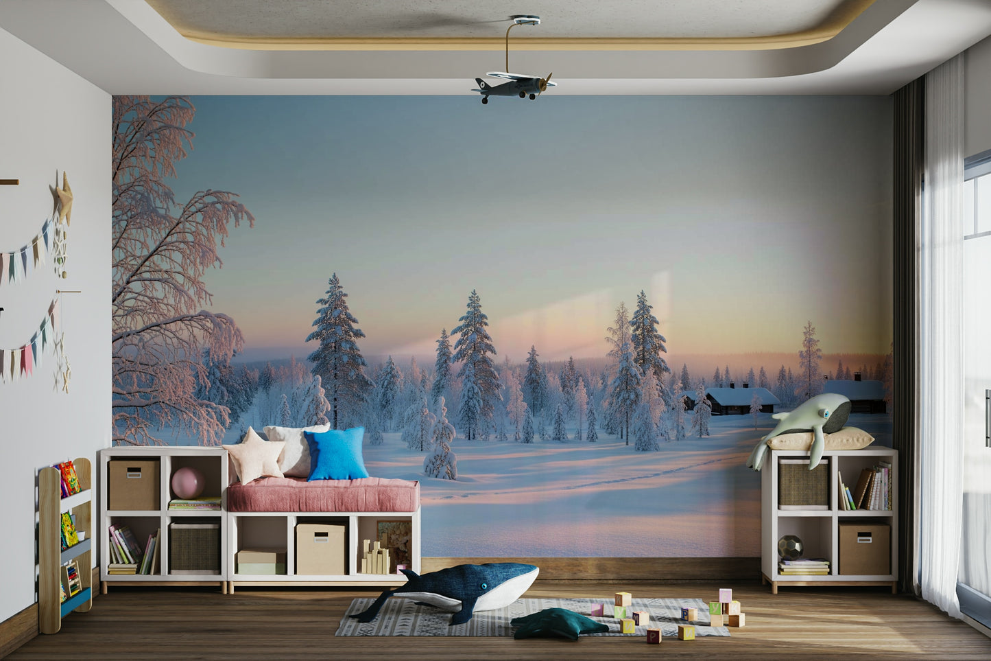 The mural gives the illusion of a window looking out onto a beautiful winter scene.
