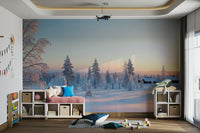 The mural gives the illusion of a window looking out onto a beautiful winter scene.

