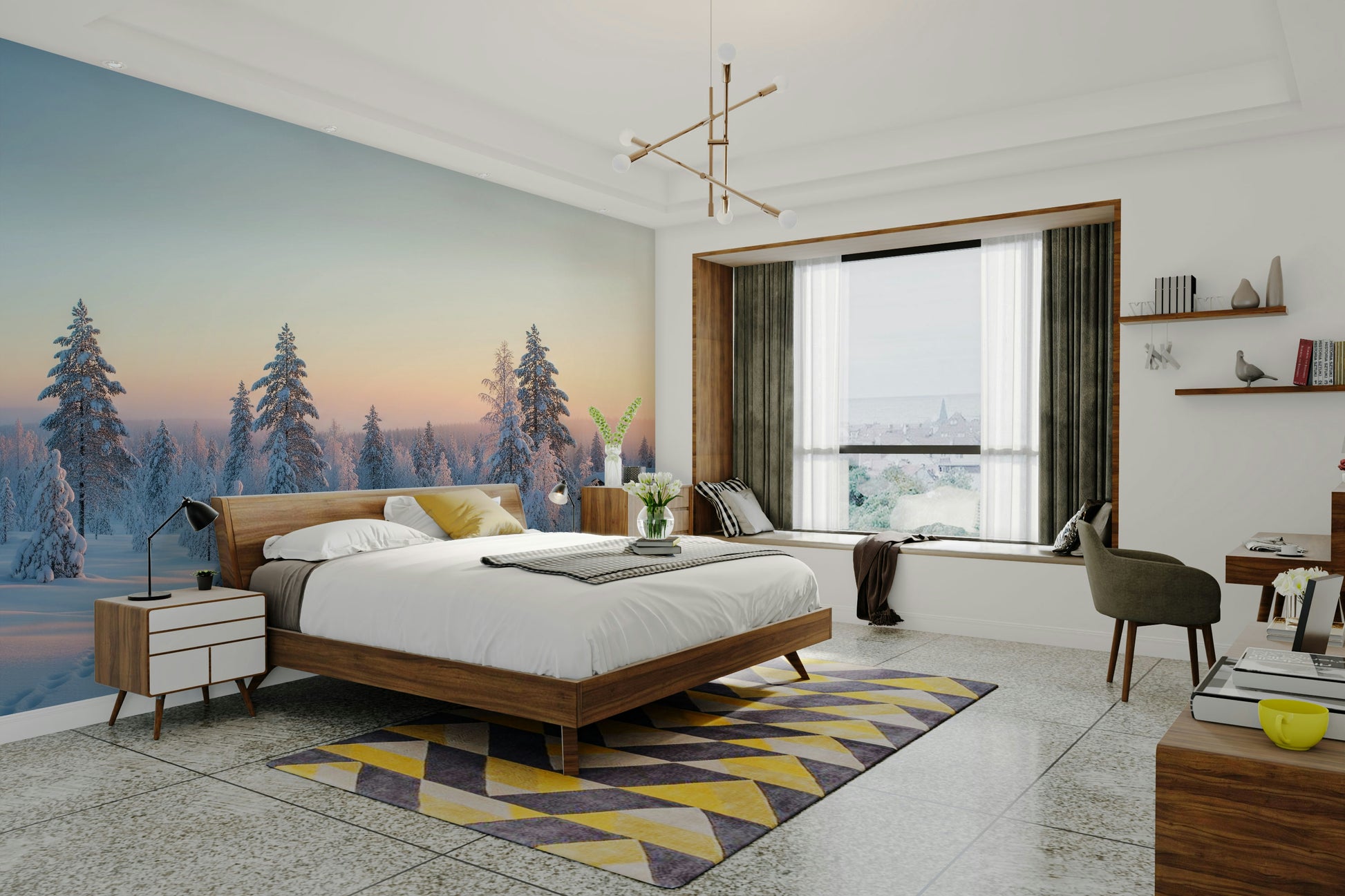 Trees are covered in a thick layer of white snow.
