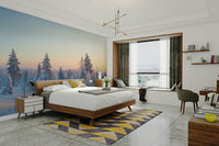 Trees are covered in a thick layer of white snow.
