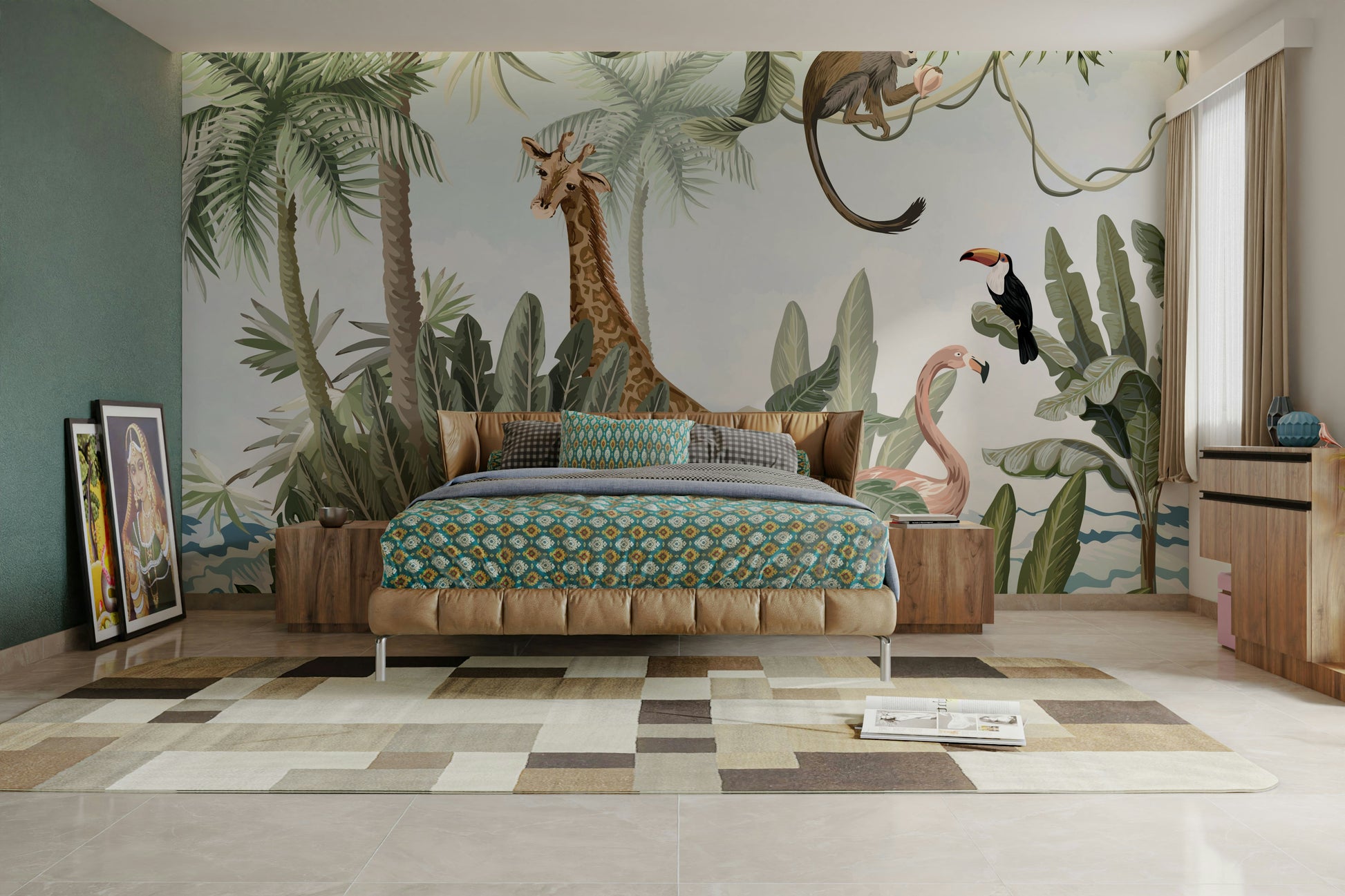 A peaceful wall mural with a tranquil jungle scene.

