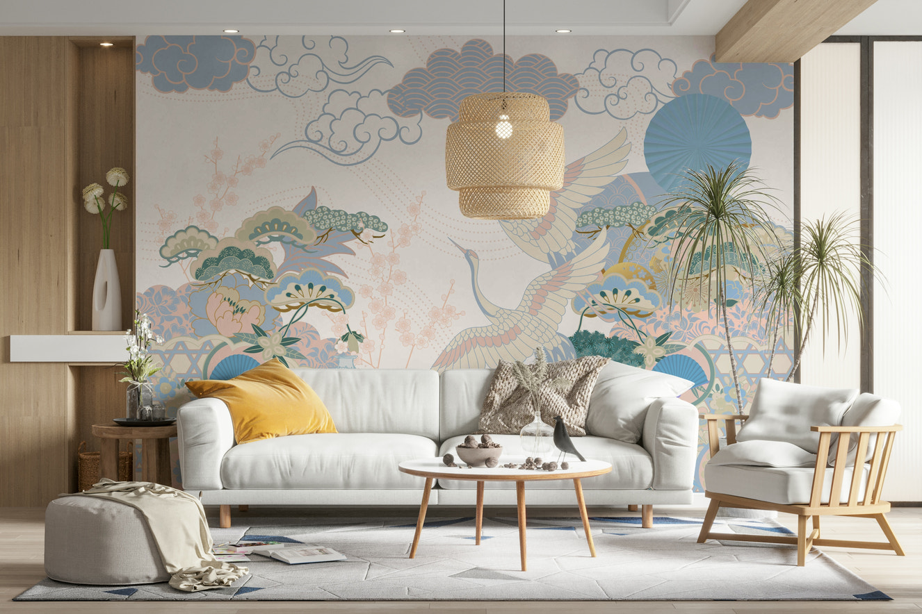 A peaceful wall mural with a tranquil Asian garden scene.

