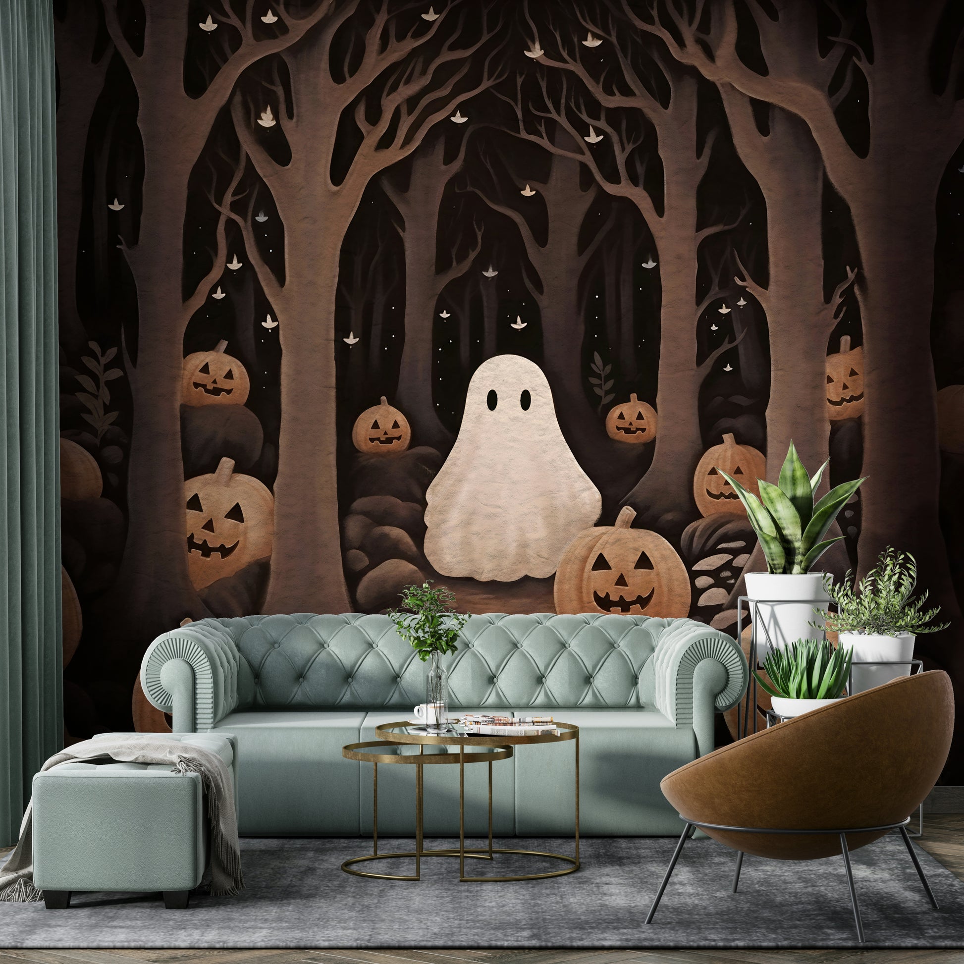 The pumpkins are glowing and have friendly faces wall mural.

