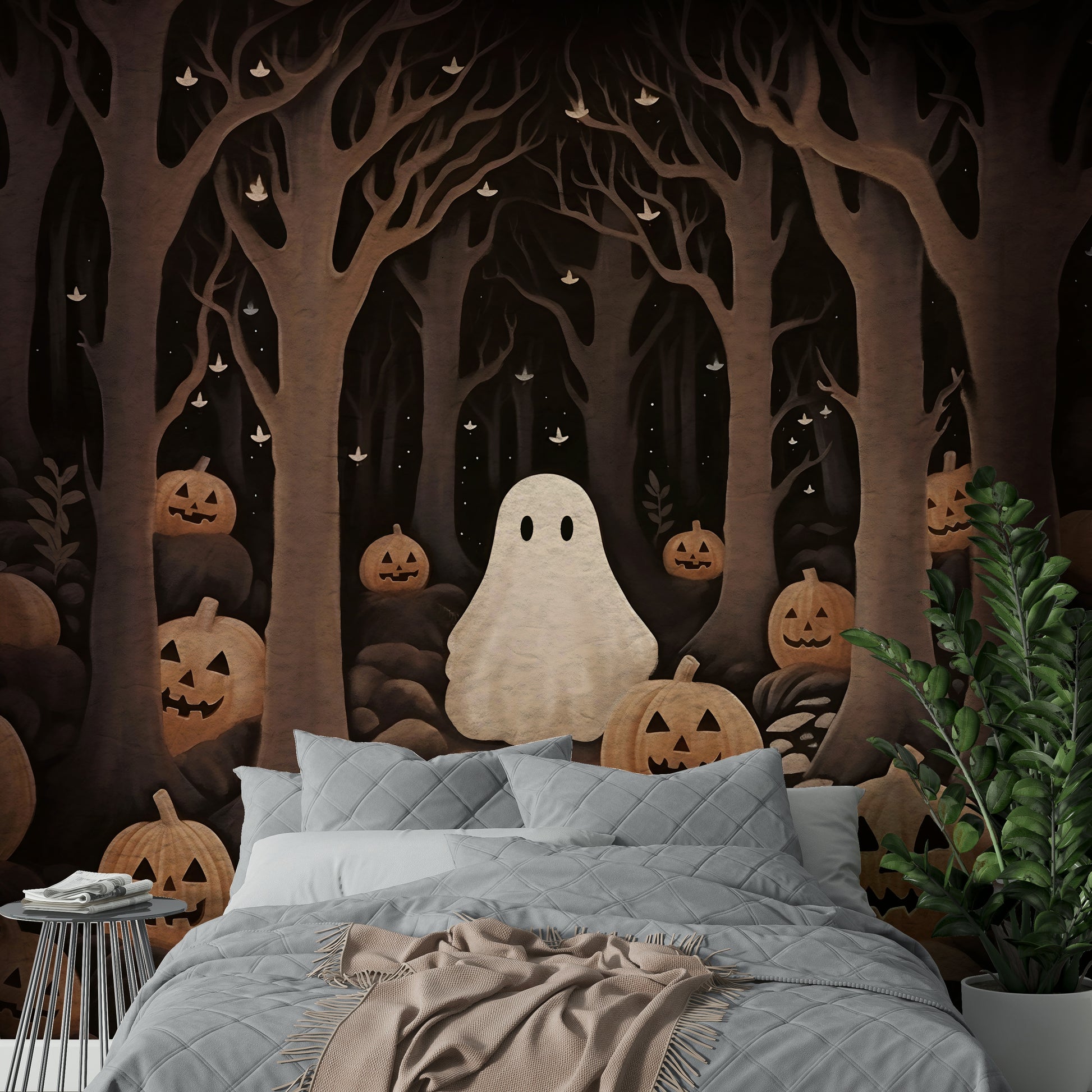 The design features a friendly ghost in a field of pumpkins wall mural.

