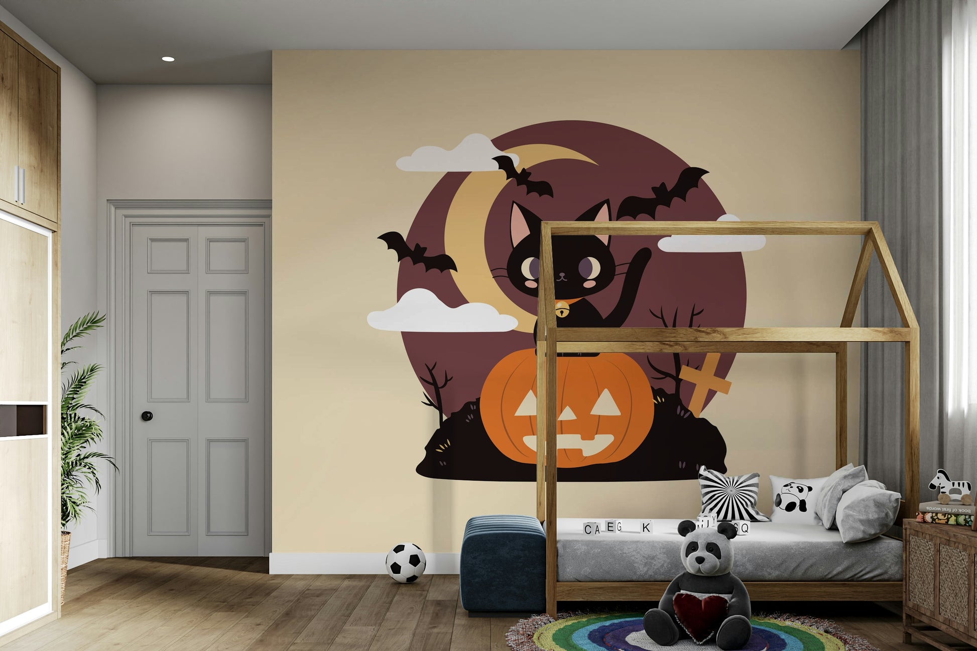 Playful halloween wall mural showing a cat on a pumpkin with a spooky background.
