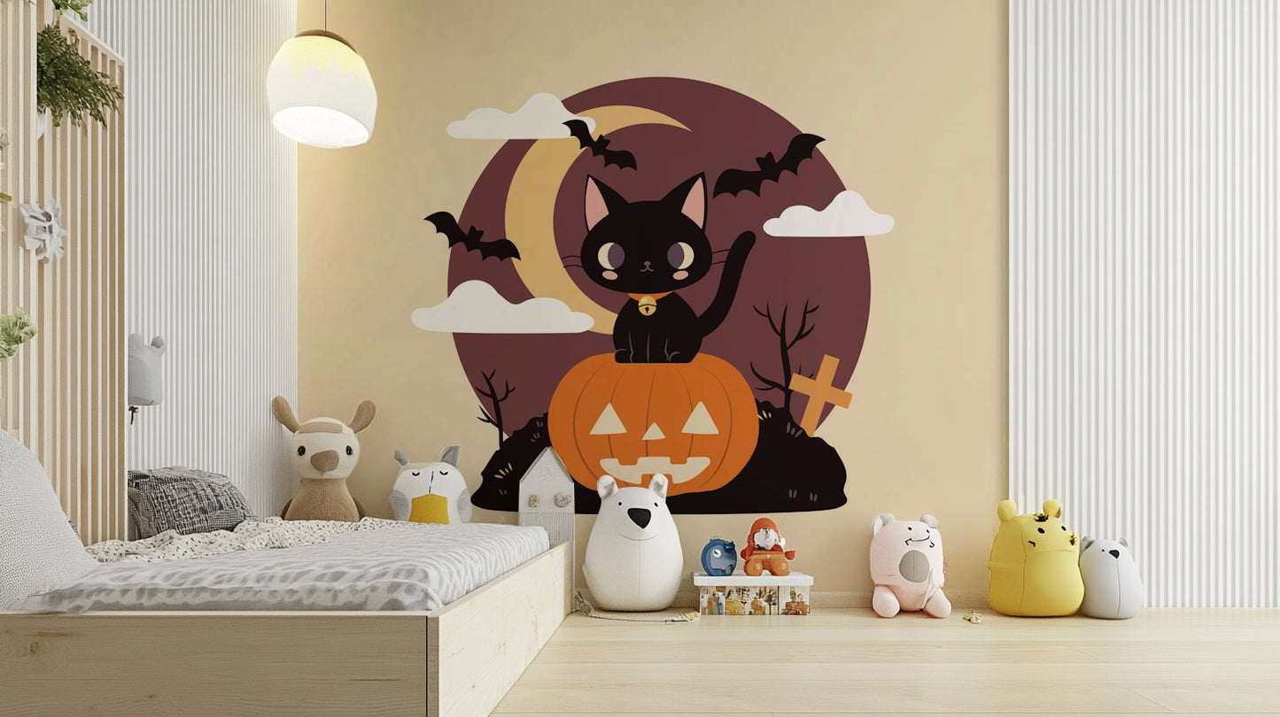 Spooky Black Cat on a Pumpkin graveyard wallpaper

