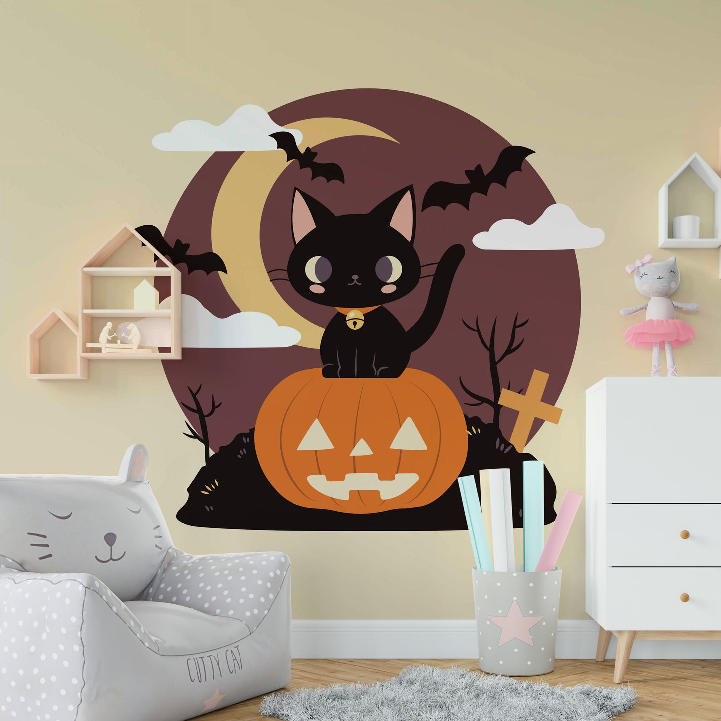 Spooky Black Cat on a Pumpkin haunted wallpaper for walls