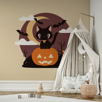 Spooky Black Cat on a Pumpkin night mural wallpaper